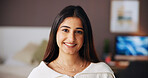 Break, portrait and smile of Indian woman in bedroom of home for start of morning or weekend. Face, fashion and getting ready with happy influencer person in apartment for stylish clothes outfit