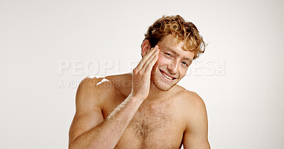 Buy stock photo Portrait, man and smile for facial treatment, studio or dermatology for smooth skin or mockup space. White background, confident and skincare for person, shirtless and  cosmetics for beauty in USA