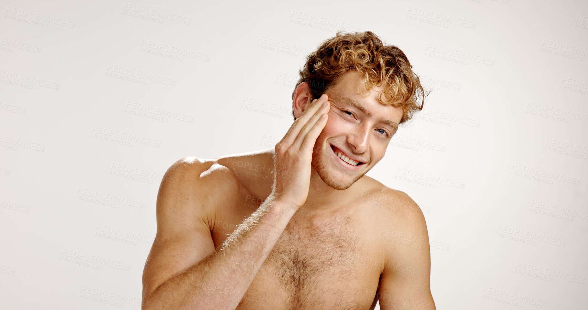 Buy stock photo Portrait, man and smile for facial treatment, studio or dermatology for smooth skin or mockup space. White background, confident and skincare for person, shirtless and  cosmetics for beauty in USA