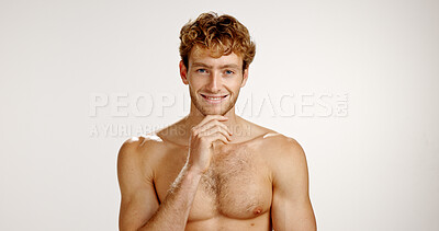 Buy stock photo Portrait, man and smile for skincare, studio and dermatology for smooth skin, glow and mockup space. White background, confident and facial treatment for person, shirtless and happy for beauty in USA