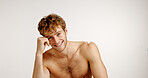Skincare, happy and portrait of man in studio with beauty, natural or facial treatment for confidence. Mockup space, shirtless and male person from London with dermatology routine by white background