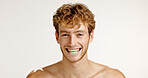Skincare, beauty and portrait of man in studio with natural, glow or facial treatment for confidence. Mockup space, happy and male person from London with dermatology routine by white background
