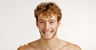 Buy stock photo Skincare, beauty and portrait of man in studio with natural, glow or facial treatment for confidence. Mockup space, happy and male person from London with dermatology routine by white background
