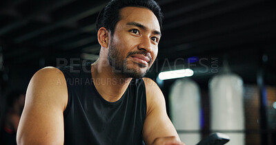 Buy stock photo Thinking, athlete and man in gym, routine or plan for exercise, bodybuilding or decision for health. Fitness center, bodybuilder and person with equipment for workout, wellness and contemplating