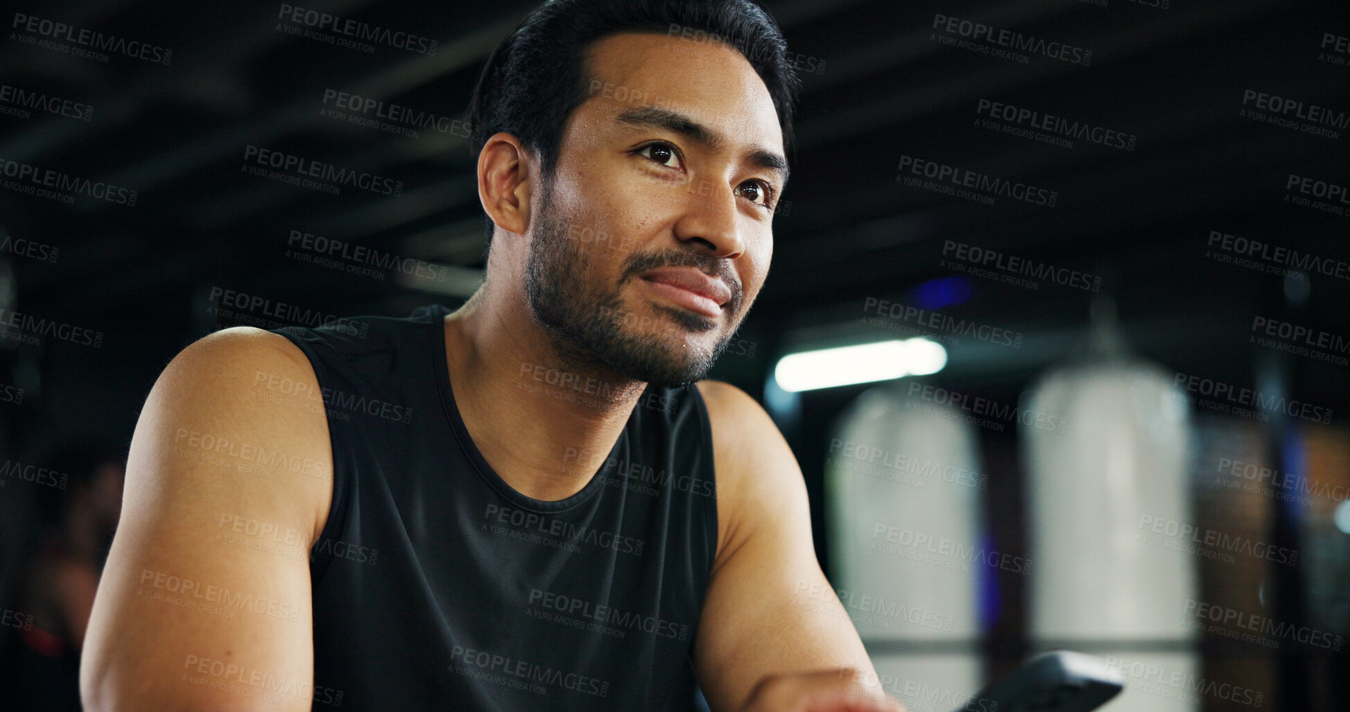 Buy stock photo Thinking, athlete and man in gym, routine or plan for exercise, bodybuilding or decision for health. Fitness center, bodybuilder and person with equipment for workout, wellness and contemplating