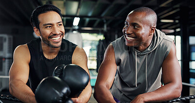 Buy stock photo Friends, boxing ring and men on break for sports, fitness or training advice in health club. Gym, happy boxer or rest together with conversation for fight technique, exercise or coaching for progress