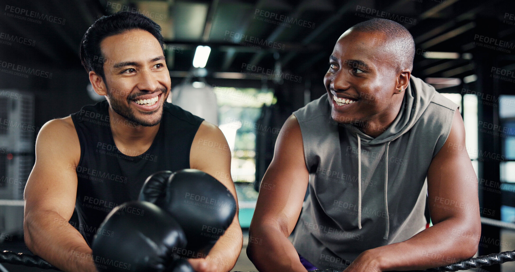Buy stock photo Friends, boxing ring and men on break for sports, fitness or training advice in health club. Gym, happy boxer or rest together with conversation for fight technique, exercise or coaching for progress