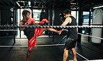 Gym, fight and training with people in boxing ring for sports, fitness or sparring. Boxer, challenge and self defense with men punching in combat for competition, exercise or performance as athlete
