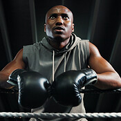 Sport, boxing ring and tired black man on rope for relax, rest or ...