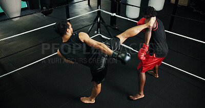 Buy stock photo Gym, kick and training with people in boxing ring for sports, fitness or sparring. Boxer, challenge and self defense with men together in combat for competition, exercise or performance as athlete