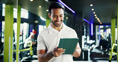 Buy stock photo Fitness, manager and tablet with man in gym for membership application, planning or sign up schedule. Exercise, smile and tech with health club owner in training facility for agenda or management