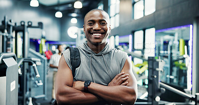 Buy stock photo Happy, crossed arms and portrait of black man in gym for workout, fitness or exercise for wellness. Smile, health and face of African athlete from Kenya with confidence for training in sports center.