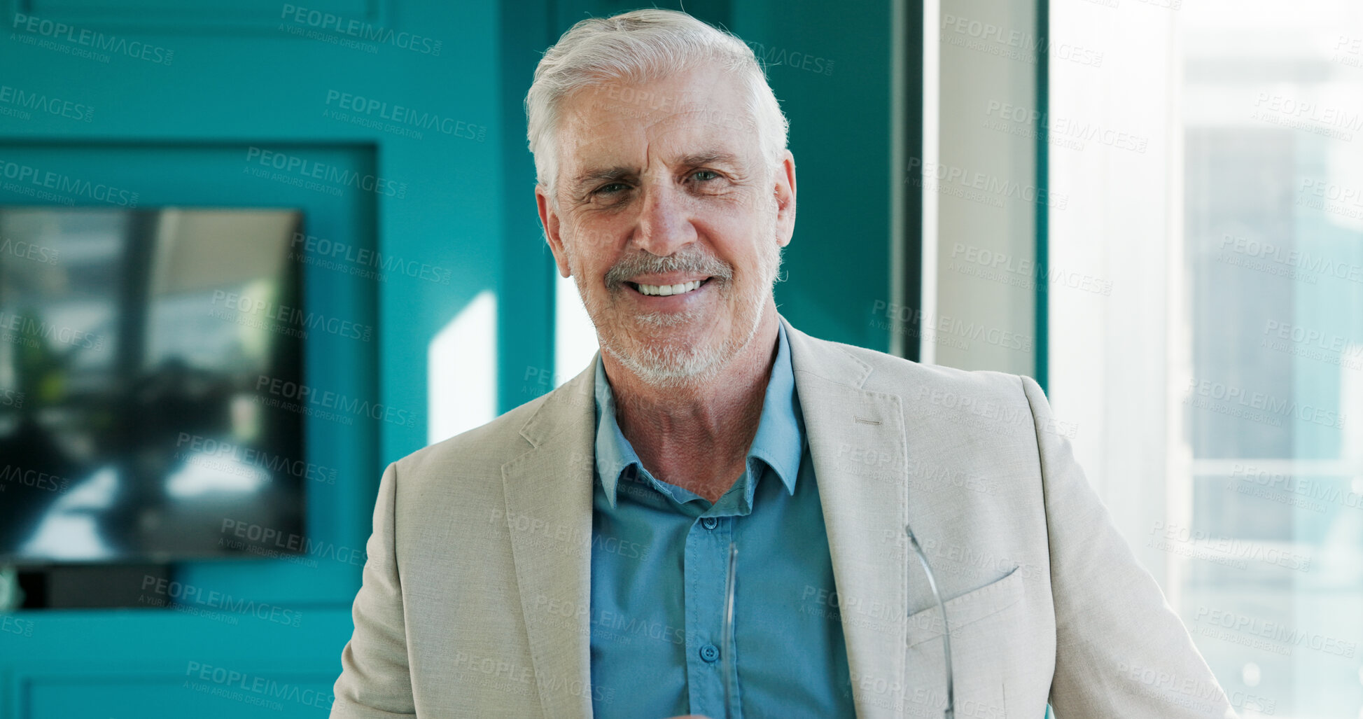 Buy stock photo Man, portrait and happy in office for business, company representative and about us. Mature CEO, opportunity and professional at window for career pride, corporate workplace and employer with smile