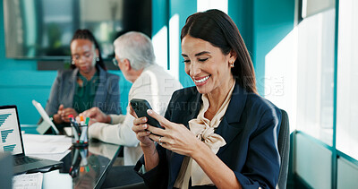 Buy stock photo Smile, business and woman with phone in office for financial report, reading email and proposal. Happy, female person and mobile app in meeting for schedule, budget update and feedback on investment 