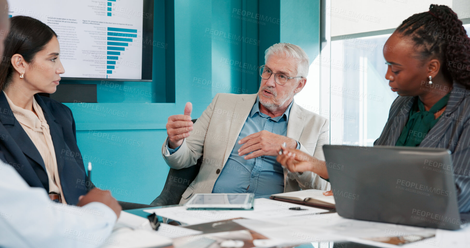 Buy stock photo Meeting, statistics and business people in office with paperwork for finance proposal in collaboration. Team, documents and manager with financial advisors for feedback on investment planning.
