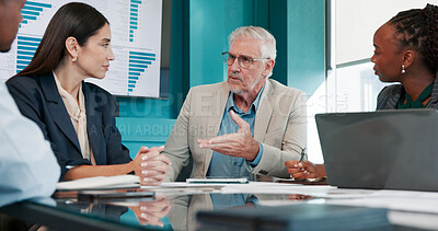 Buy stock photo Meeting, team and business people in office with paperwork for finance proposal in collaboration. Statistics, documents and manager with financial advisors for feedback on investment planning.