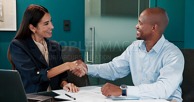 Buy stock photo Smile, business people and shaking hands in office for hiring, contract deal and interview. Agreement, team and handshake with manager for onboarding, recruitment or collaboration for job negotiation