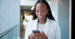 Business, smartphone and black woman in office, typing and social media with communication. African person, employee or professional with cellphone, chatting or mobile user with connection or smile