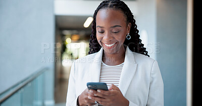 Buy stock photo Business, smartphone and black woman in office, typing and social media with communication. African person, employee or professional with cellphone, chatting or mobile user with connection or smile