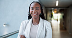 Portrait, business and black woman with arms crossed, smile and confident personality with accounting. African person, employee and financial advisor in office, happiness and funny with pride