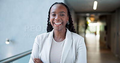 Buy stock photo Portrait, business and black woman with arms crossed, smile and confident personality with accounting. African person, employee and financial advisor in office, happiness and funny with pride
