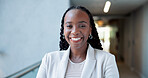 Portrait, happy and conference with business black woman for about us, stock broker speaker and pride. Seminar expo, professional and financial advisor with person in office for event and opportunity