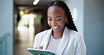 Smile, black woman and reading on tablet in office for research, booking flight and travel information. Happy, female person and digital for schedule, online ticket and browsing website for work trip