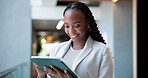 Smile, black woman and reading on tablet in lobby for research, booking flight and travel information. Happy, female person and digital for schedule, online ticket and browsing website for work trip