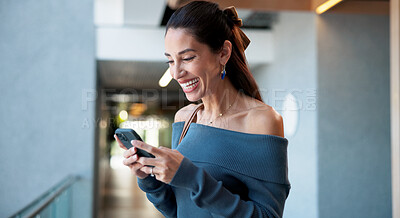 Buy stock photo Business, smartphone and woman in office, typing and social media with funny meme. Mature person, happy employee or professional with cellphone, chatting or mobile user with connection and laughing