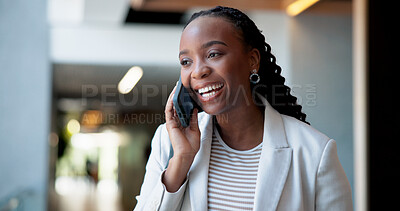 Buy stock photo Phone call, smile and conference with business black woman for contact, stock broker speaker and pride. Seminar expo, communication and financial advisor with person for event and opportunity