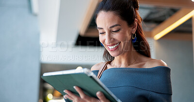 Buy stock photo Smile, business and woman on tablet in office for research, booking flight and information for travel. Happy, female person and digital for schedule, online ticket and browsing website for work trip