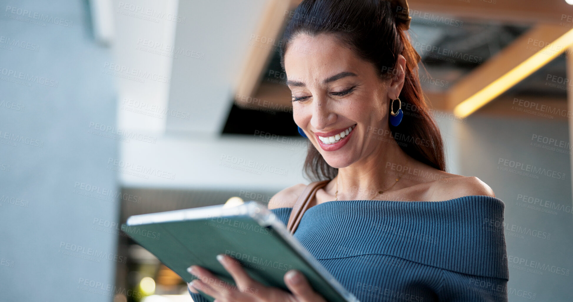 Buy stock photo Smile, business and woman on tablet in office for research, booking flight and information for travel. Happy, female person and digital for schedule, online ticket and browsing website for work trip