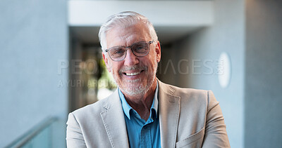 Buy stock photo Portrait, mature and conference with business man for about us, stock broker speaker and pride. Seminar expo, professional and financial advisor with person in office for event and opportunity