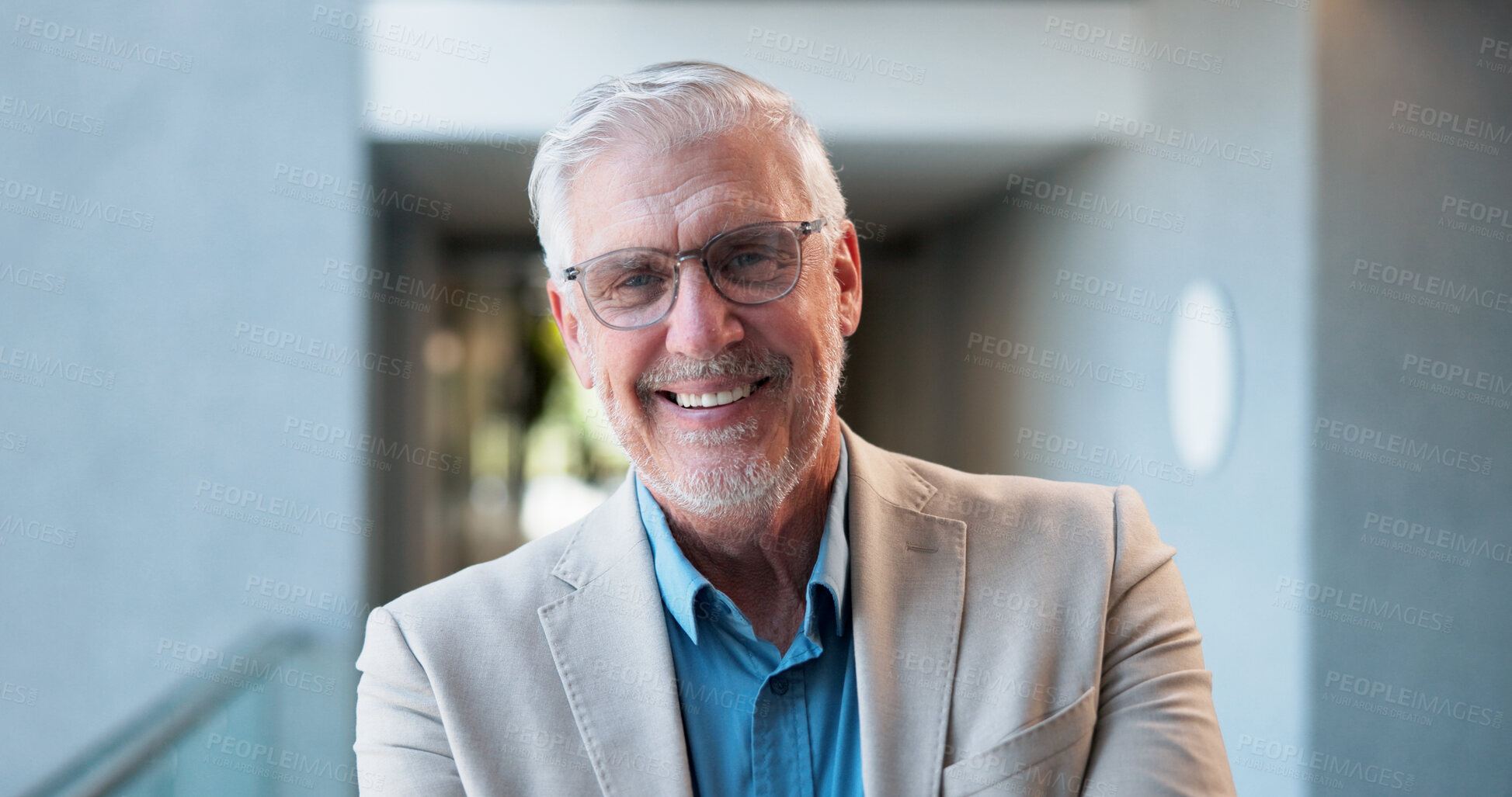 Buy stock photo Portrait, mature and conference with business man for about us, stock broker speaker and pride. Seminar expo, professional and financial advisor with person in office for event and opportunity