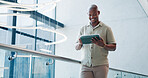 Business, smile and black man in office, tablet and funny meme with creative project. African person, employee and consultant in workplace, tech and digital app with email for feedback and chatting