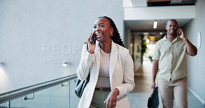 Buy stock photo Lobby, laugh and woman with phone call for business trip, walking and online communication. Travel, female person and accommodation planning with review for schedule, meeting booking and opportunity