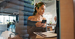 Window, phone and woman in office with communication, contact or business networking with laptop. Cellphone, computer and journalist with connectivity for publishing approval at coworking space.