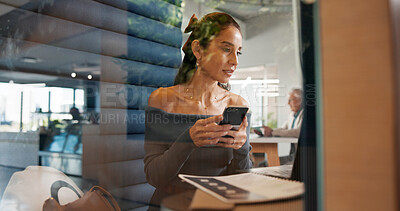 Buy stock photo Window, phone and woman in office with communication, contact or business networking with laptop. Cellphone, computer and journalist with connectivity for publishing approval at coworking space.