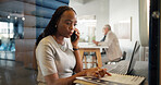 Business woman, laptop and phone call with documents in office booth for financial advice. Female person, accountant or talking on mobile smartphone or computer for finance help or insurance policy