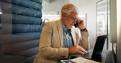 Buy stock photo Mature, businessman and laptop with phone call in office booth for financial advice or discussion. Man, accountant or talking on mobile smartphone or computer for finance privacy or insurance policy