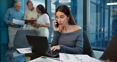 Buy stock photo Phone call, business and woman with graphs, laptop and check for investment, schedule and trading. People, broker and investor in office, cellphone and communication for profit increase and charts