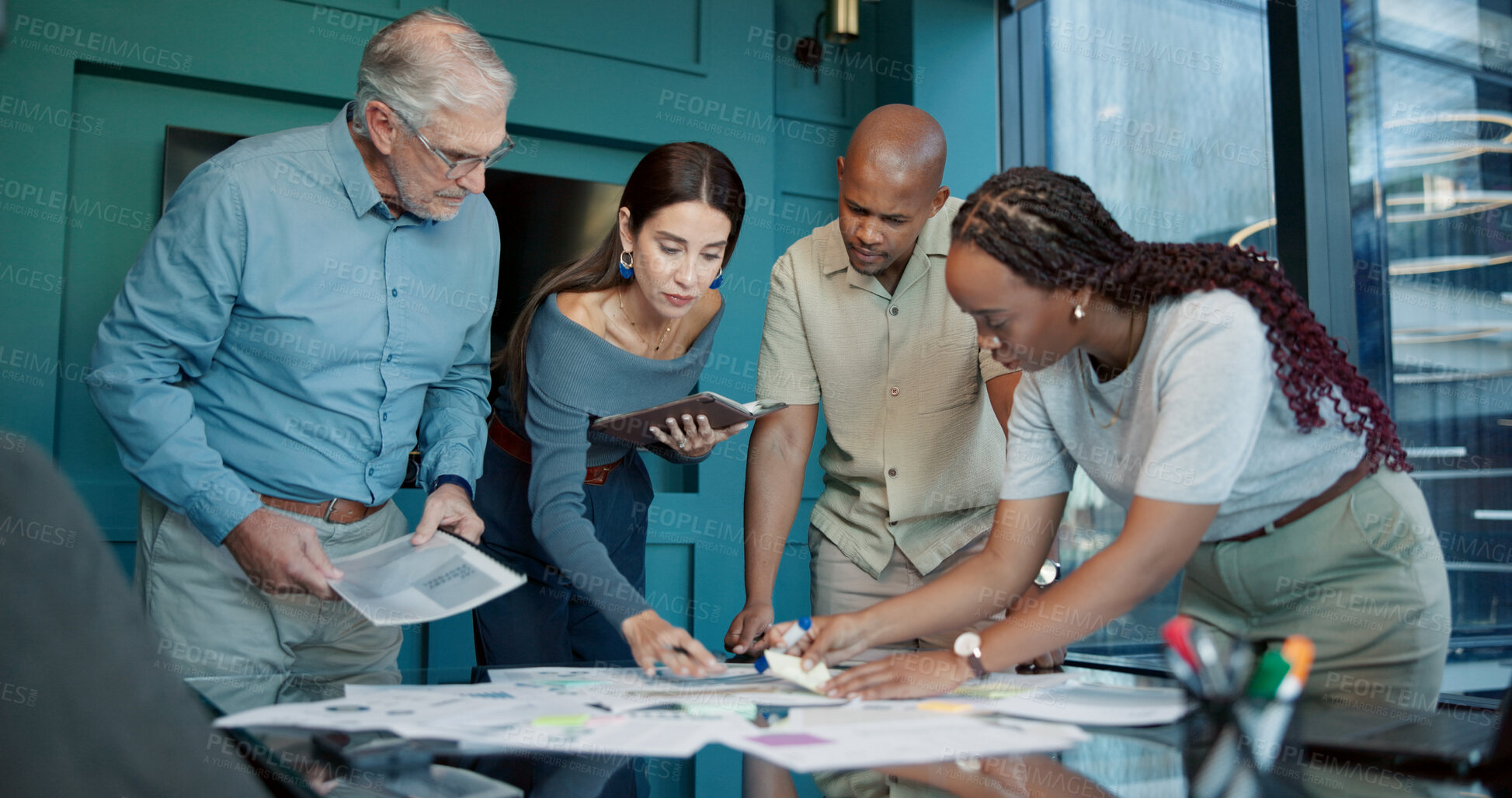 Buy stock photo Paperwork, brainstorming or group of business people for strategy, teamwork and sticky note. Report, collaboration or financial analysts in meeting for economic analytics, documents or audit review