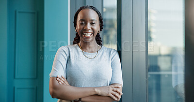 Buy stock photo Portrait, business and happy black woman with confidence in office for pride with event planner. Smile, startup and African worker with arms crossed, creative professional and coordinator in Nigeria