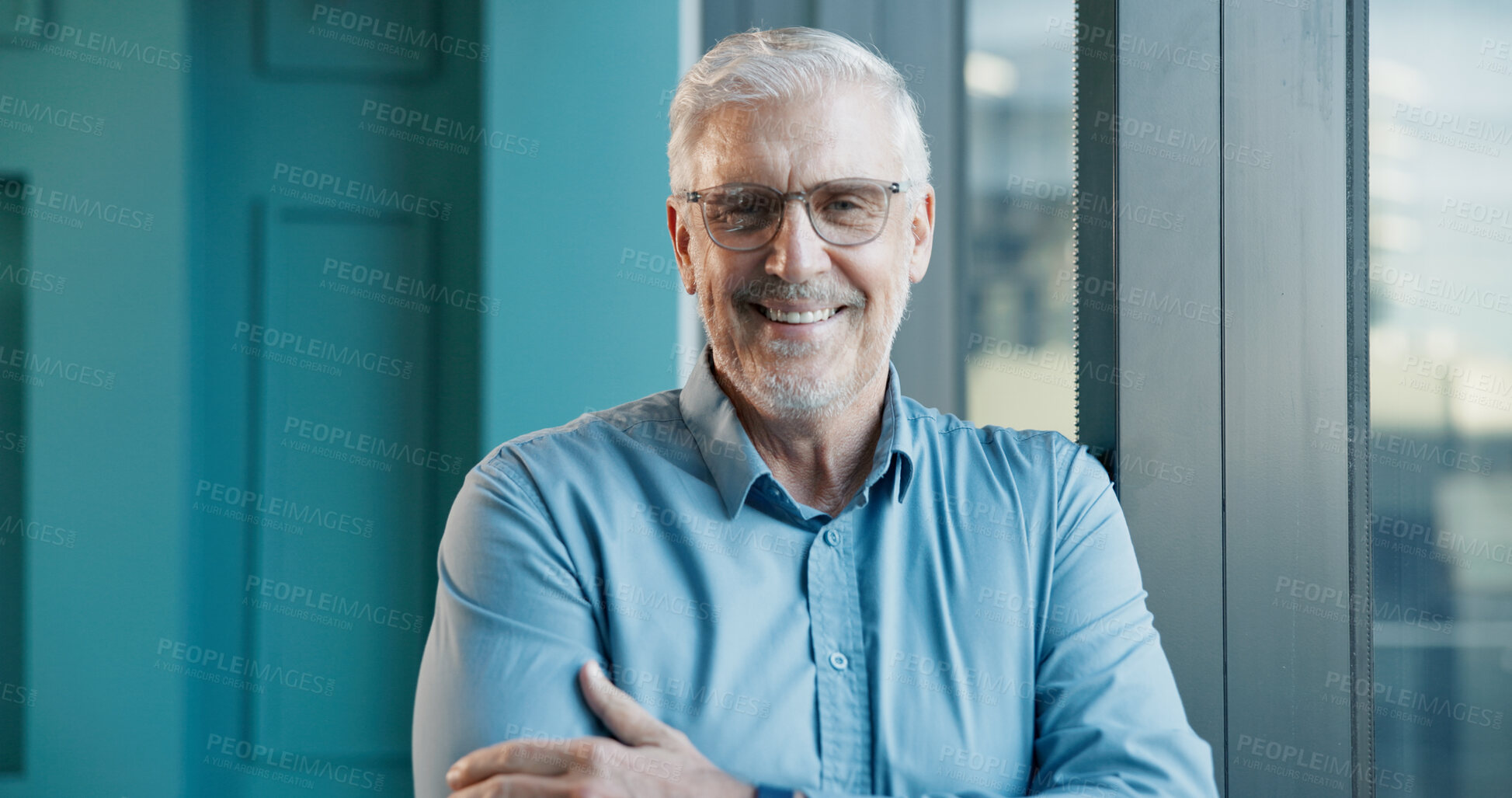 Buy stock photo Portrait, arms crossed and smile with business man in office for trader, pride and stock broker. Investment banker, financial advisor and wealth management with mature person in finance firm