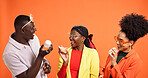 Friends, happy and products in studio for skincare, comparison and choice for dermatology. African people, laugh and lotion container on orange background for cosmetic opinion, serum and beauty