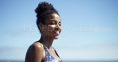 Buy stock photo Fitness, athlete and woman on break, outdoor or smile for training routine in city, happy or health. Rest, runner and black person with sportswear for exercise, wellness and practice for marathon
