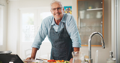 Buy stock photo Cooking, kitchen and mature man with portrait, nutrition and confidence at counter in house. Diet, wellness and home chef with healthy recipe, meal prep and dinner with culinary hobby in apartment