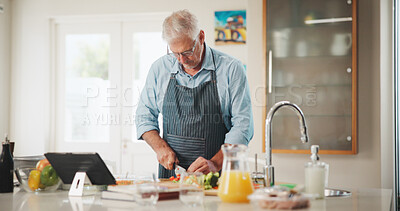 Buy stock photo Mature man, tablet and meal prep with recipe tutorial, method or online guide in home. Learning, instructions and person in kitchen with lunch ingredients, diet and cooking steps for web blog