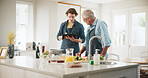 People, tablet and meal prep with internet, recipe tutorial or online guide in home. Man, mature parent and helping in kitchen with lunch ingredients, diet salad and cooking steps for web blog
