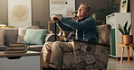 Remember, memory and old man with cane in home, sad or senior patient with depression or retirement. Assisted living, reflection and elderly person with walking stick in lounge, lonely and house
